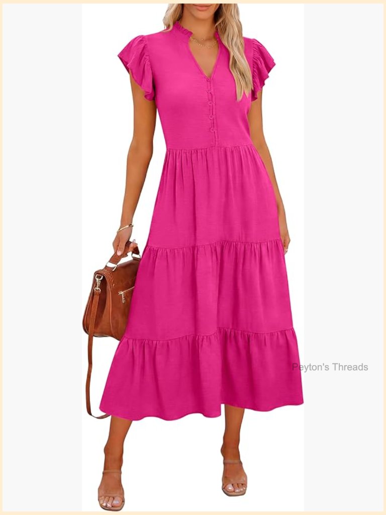 V-Neck Midi Dress With Ruffle Sleeves And Pockets